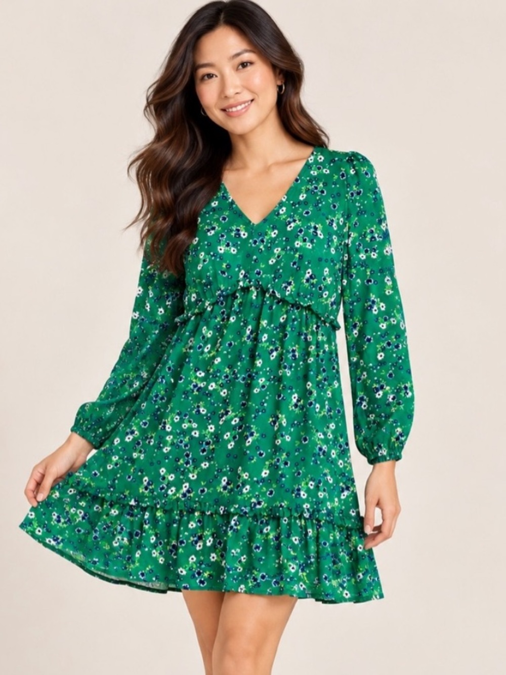 LOFT Green Floral Ruffle Long Sleeve V-Neck Dress Size 10 100% Rayon